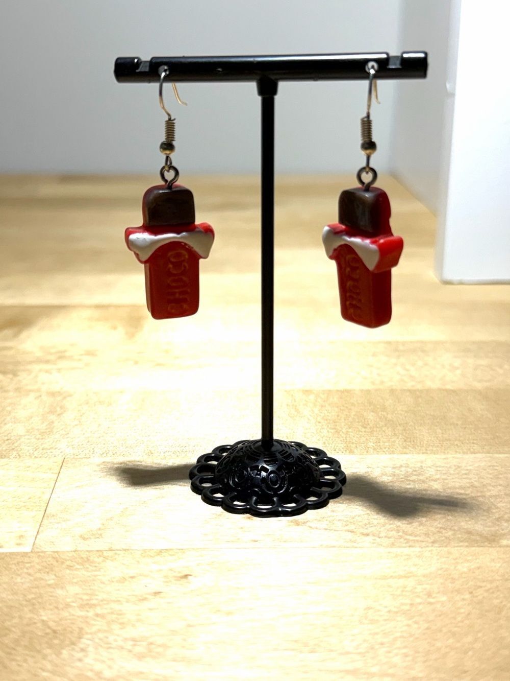 Chocolate Bar Novelty Dangle Earrings - Red & Brown - Picture 2 of 2